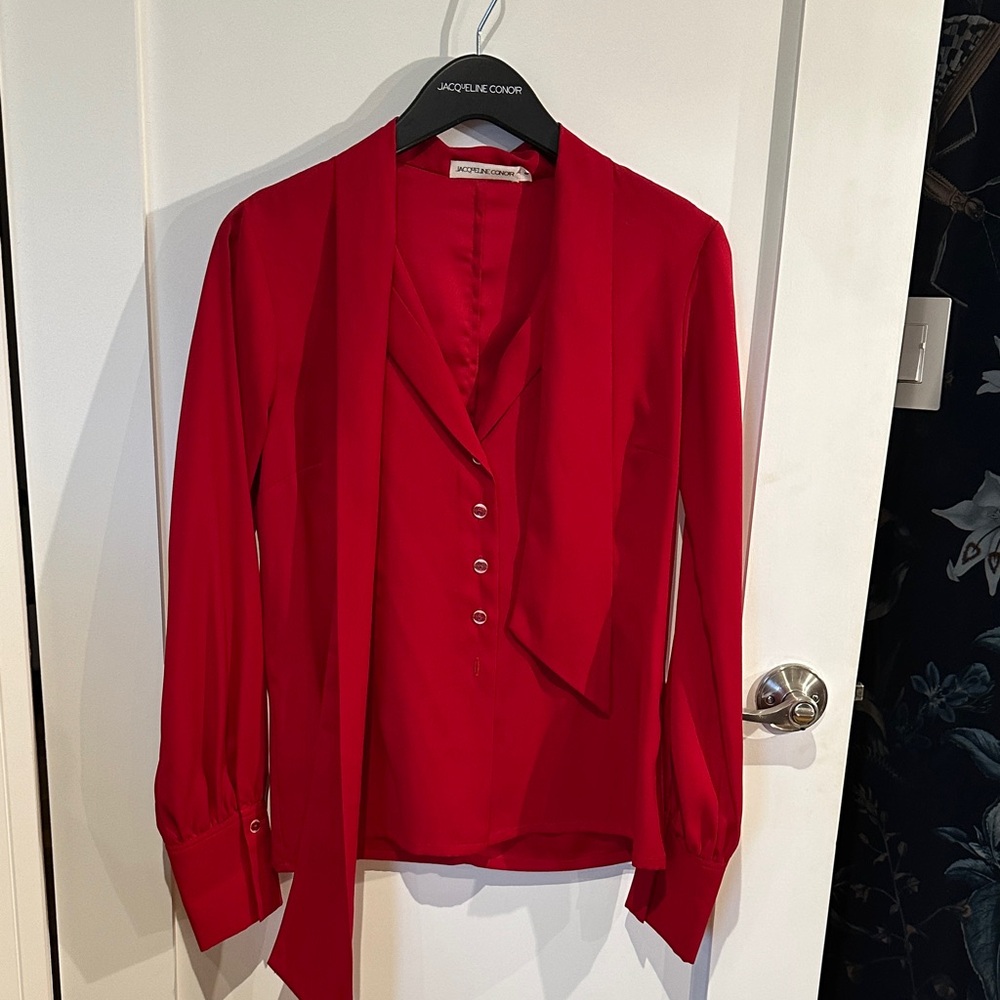 Red Button-Up Blouse with Tie